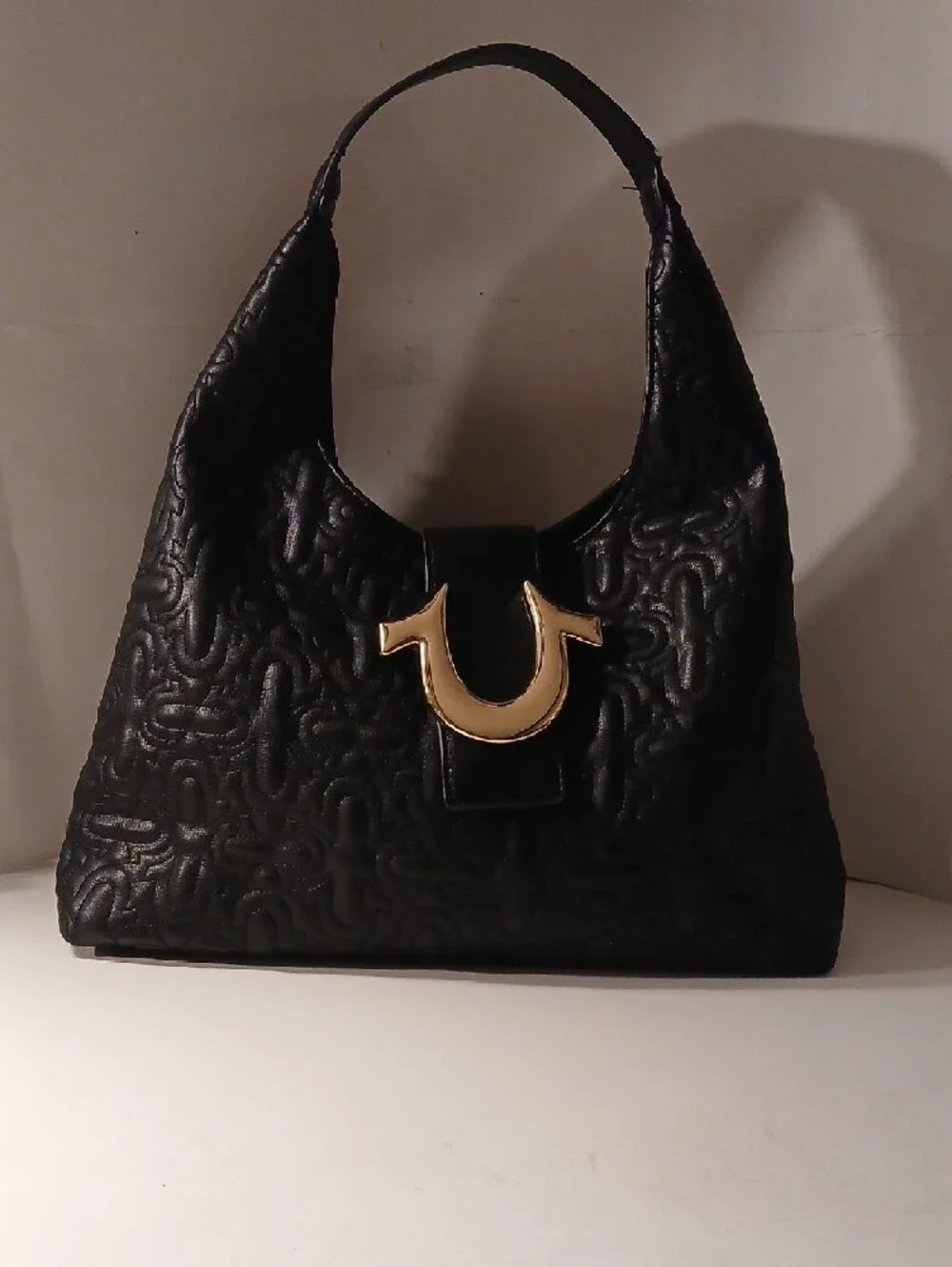 True Religion Women's Black Vegan Leather Logo Buckle Y2K Hobo Bag
